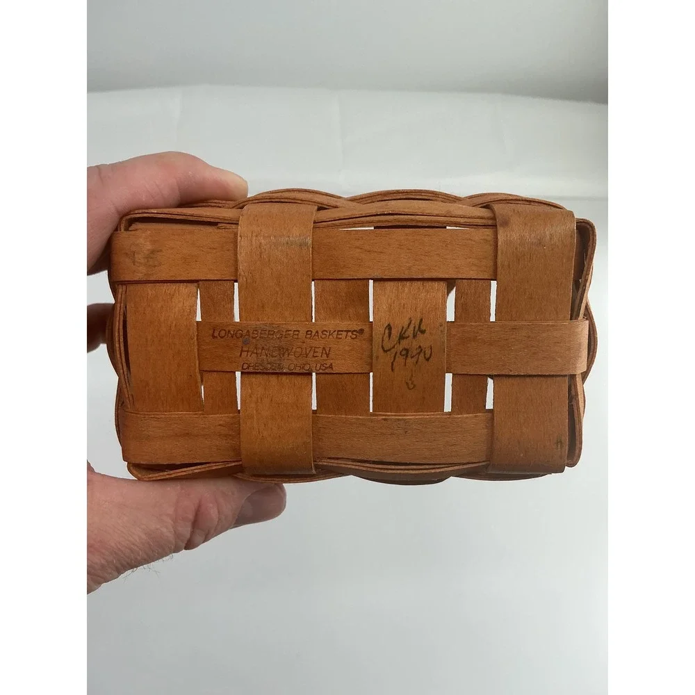 Longaberger 1990 Miniature Handwoven Basket with Leather Handles Natural Wood